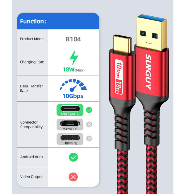 SUNGUY 10Gbps Android Auto USB Cable 1FT, 3A USB C 3.1 Gen2 Cable Data Transfer