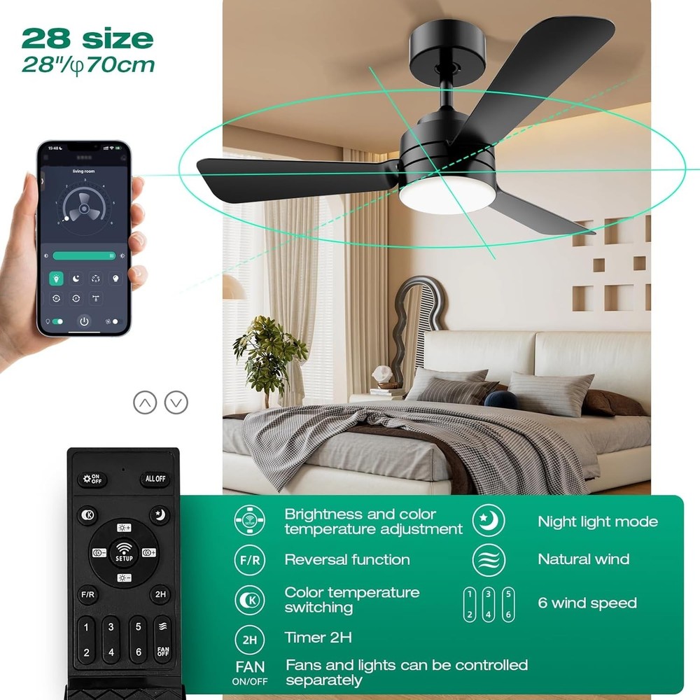 28" Modern Fan Lights Flush Mount LED Ceiling Light kit With Remote APP Control