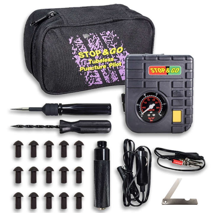 Stop & Go 6000 Tubeless Puncture Pilot Tire Repair Kit & Air Inflator (15 Plugs)