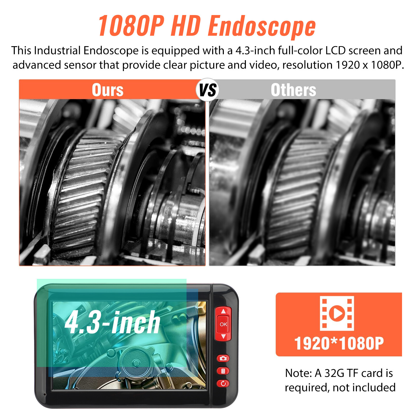 Industrial Endoscope 1080P HD 4.3'' LED Screen Borescope Inspection Snake Camera