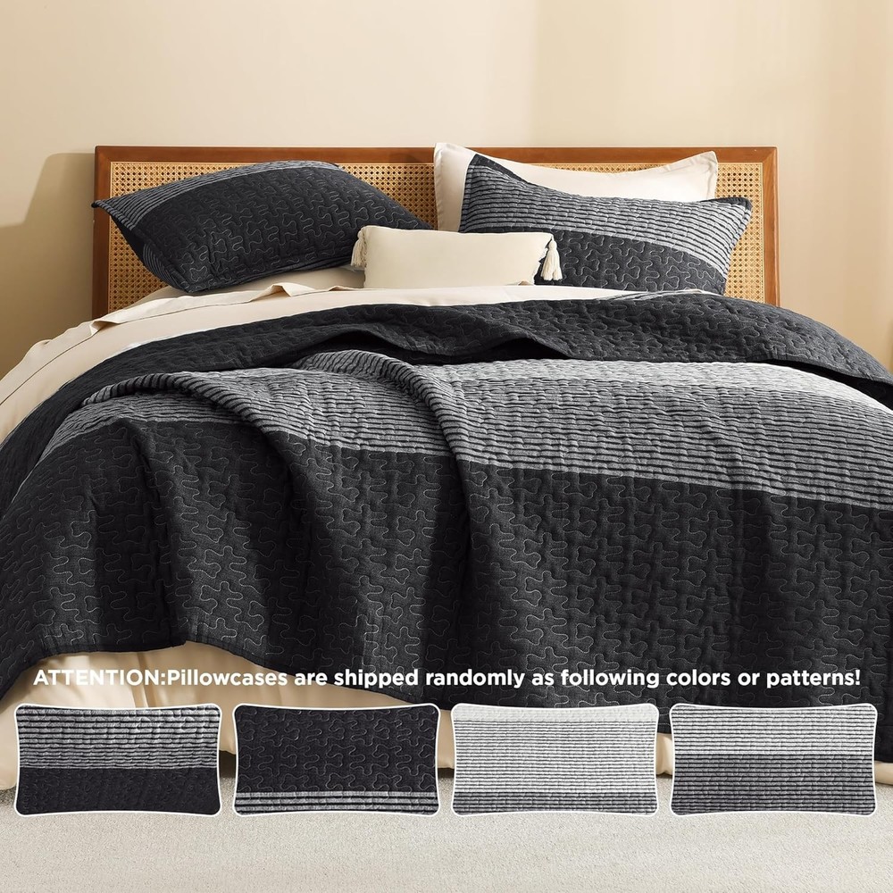 Quilt Queen Size Black Grey & White Gray Stripe Patchwork Summer Bedspread