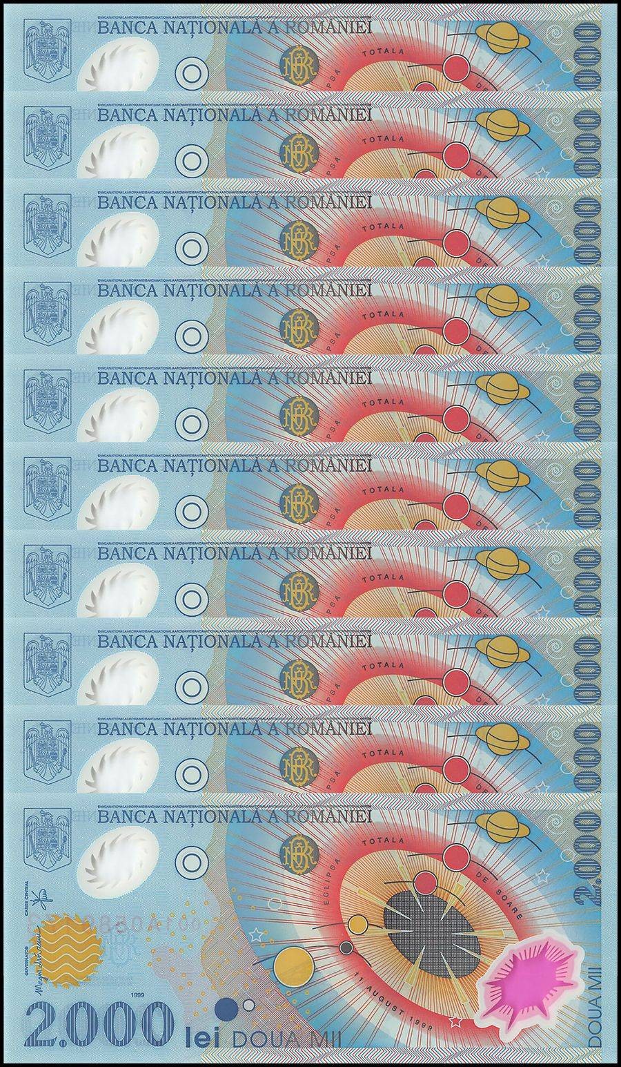 Romania 2000 Lei, 1999, P-111b, UNC, Polymer, Original Folder X 10 PCS