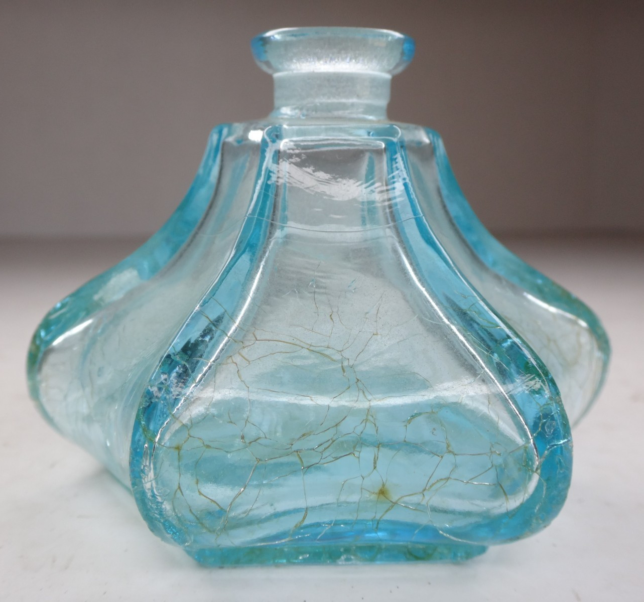 Antique Aqua Blue Green Inkwell Pressed Glass Bottle 6 Side UNUSUAL Shape