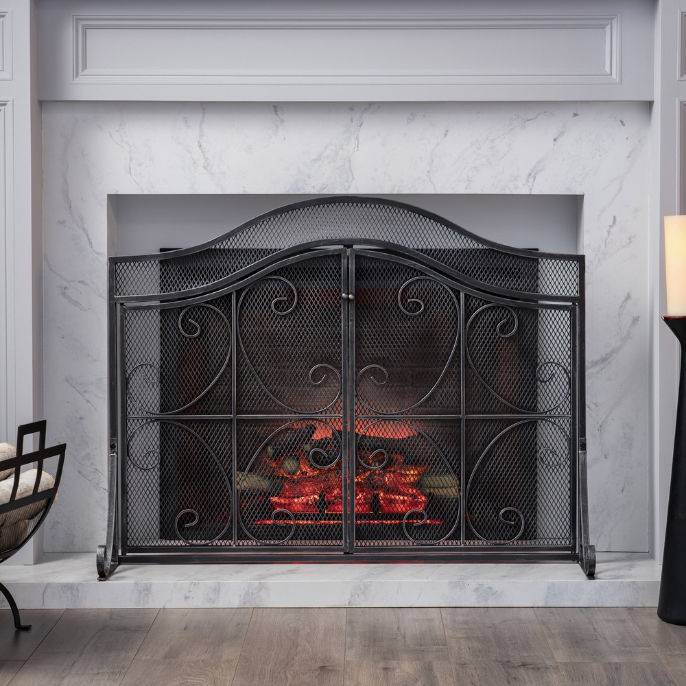 Gary Modern Three Panel Iron Firescreen with Door