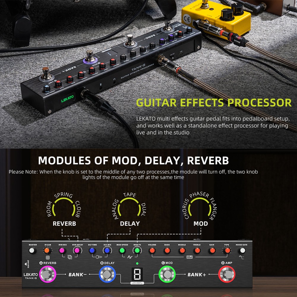 LEKATO Multi Effects Guitar Pedal Processor BT/36 Presets/4 Modules/IR CAB Tuner