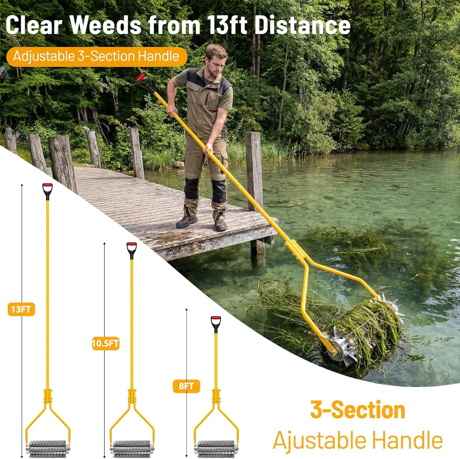 VEVOR Lake Weed Roller Stainless Steel Roller Pond Rake 14.1ft Pond Weed Removal