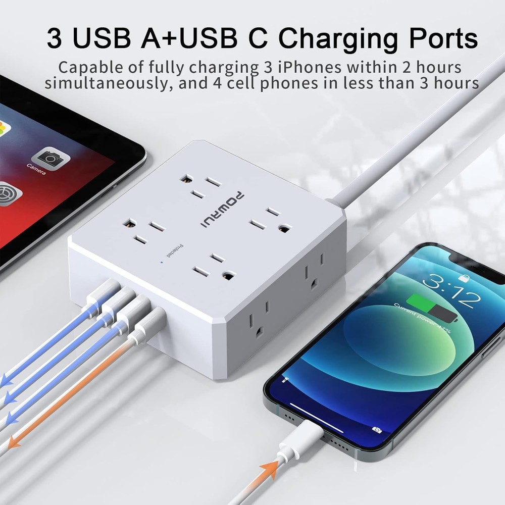 Surge Protector Power Strip 8 Outlets 4 USB Ports 6Ft Flat Plug
