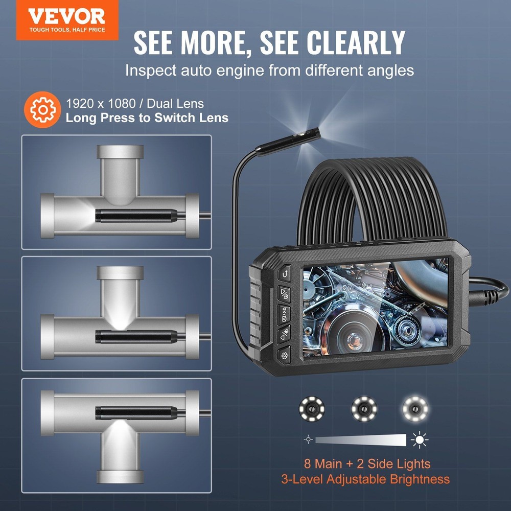 Triple-Lens Borescope: 5" IPS Screen, 16.4ft Cable, IP67 Waterproof