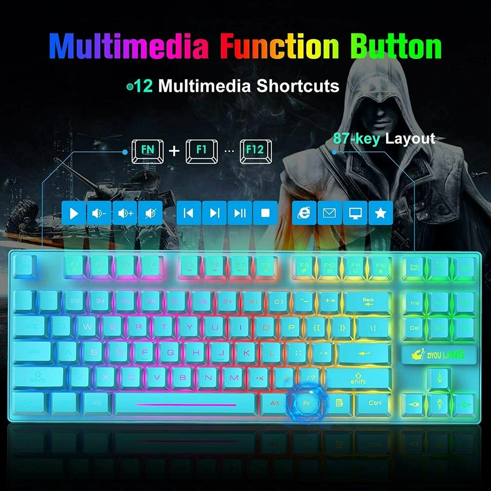 US Rechargeable Wireless Gaming Keyboard Mouse Combo 87 Key Rainbow LED Backlit