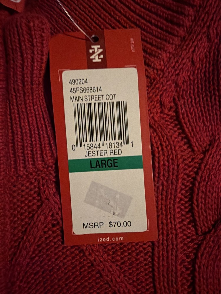 IZOD Mens Red Cable Knit Quarter Zip Pullover L NWT