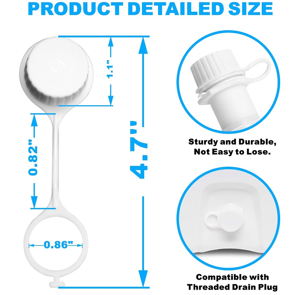 Drain Plug caps, Cooler Threaded Caps with Tether. White