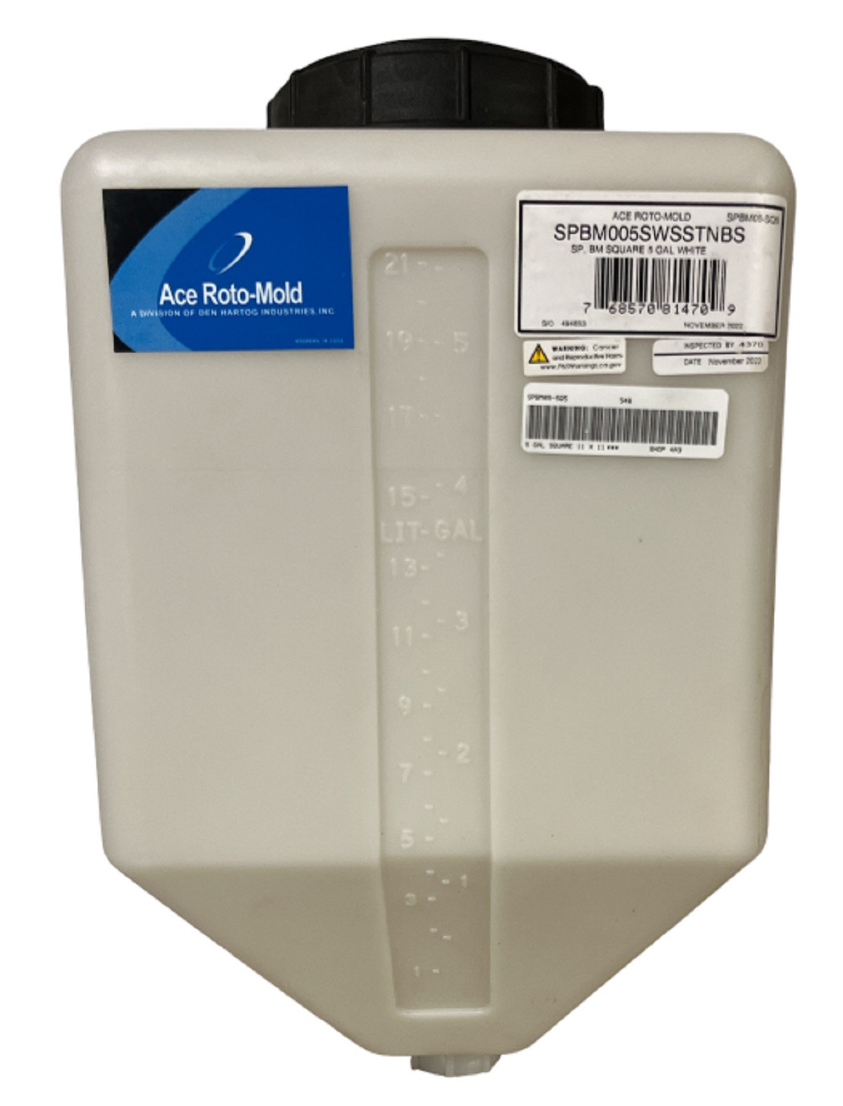 Ace Roto-Mold Blow Molded 5 Gallon Square Rinse Tank, White - SPBM05-SQ5