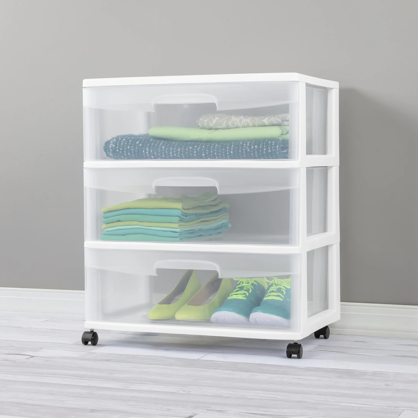 3 Drawer Wide Cart Clear Plastic Storage Drawers with Wheels White