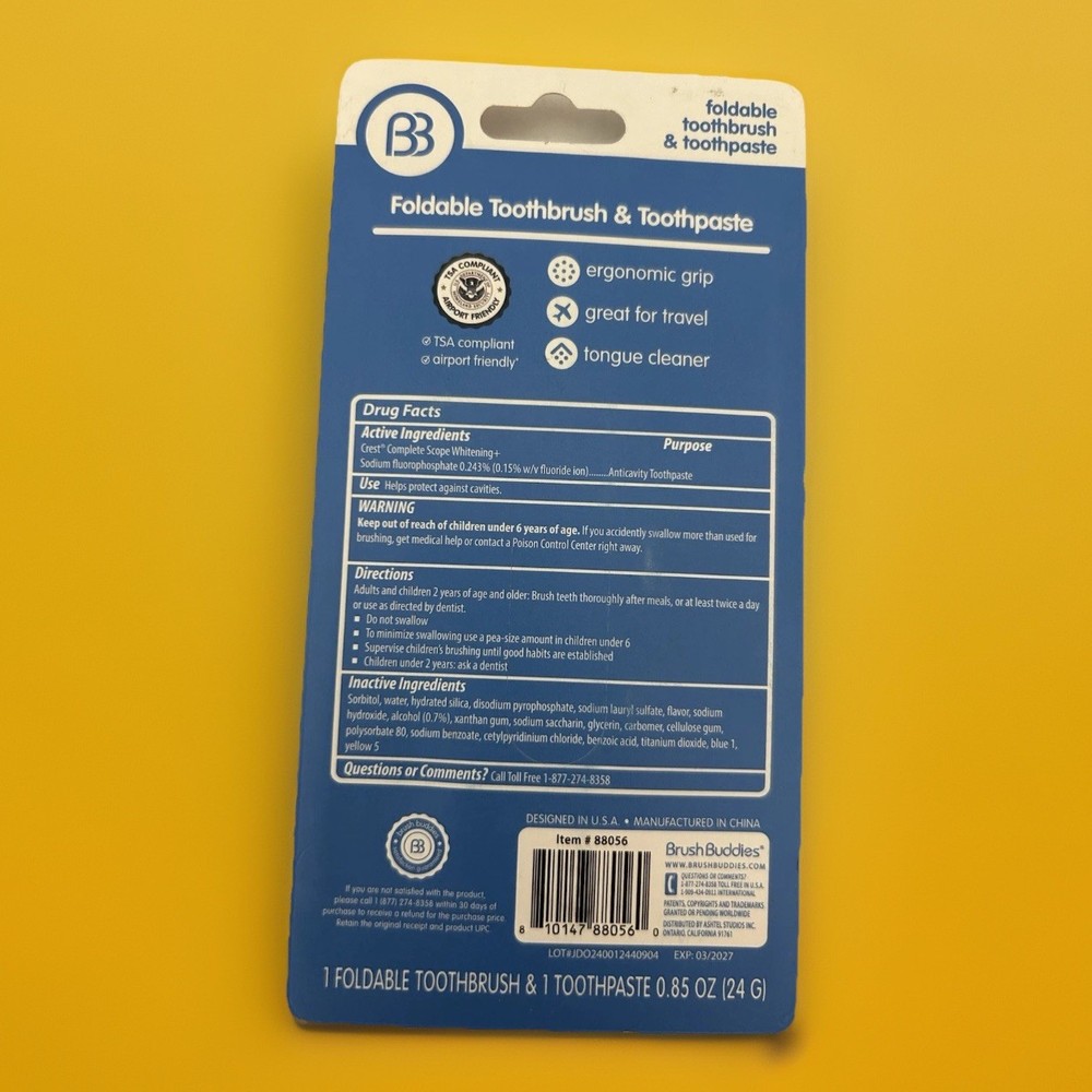 BB Foldable Toothbrush and Toothpaste *Teal Color*