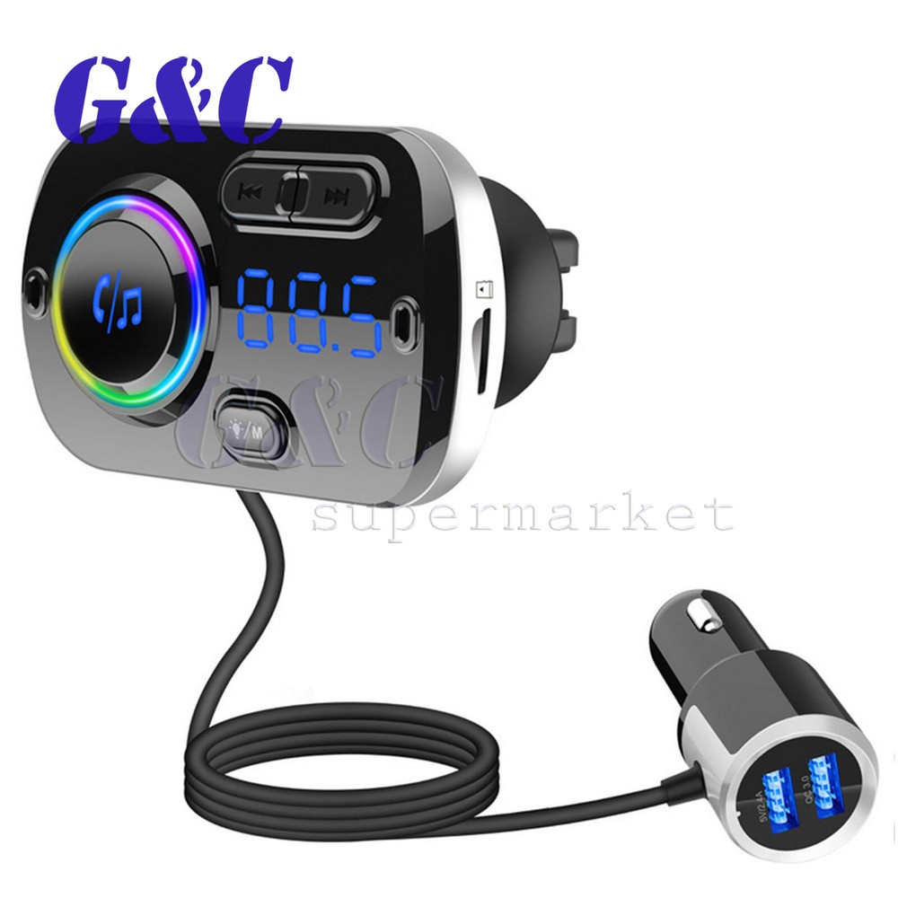 Bluetooth 5.0 Handsfree Car Kit FM Transmitter MP3 Player & USB Fast Charger AUX