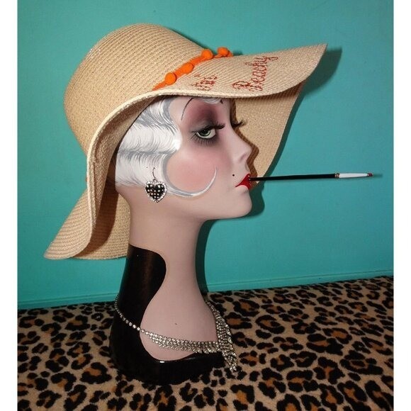 Vintage Feelin' Beachy Ivory Woven Sun Hat with orange pom pom fringe pinup