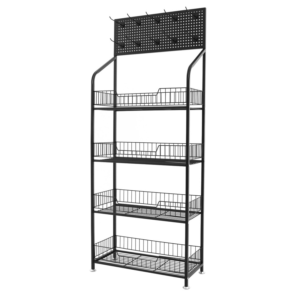 4 Tier Snack Floor Display Rack Retail Display Cases with Hook & Adjustable Feet