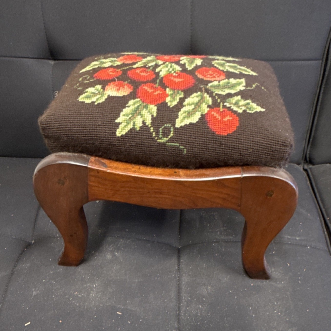 Antique Wooden Footstool Floral Needlepoint Rectangular Brown Red Green