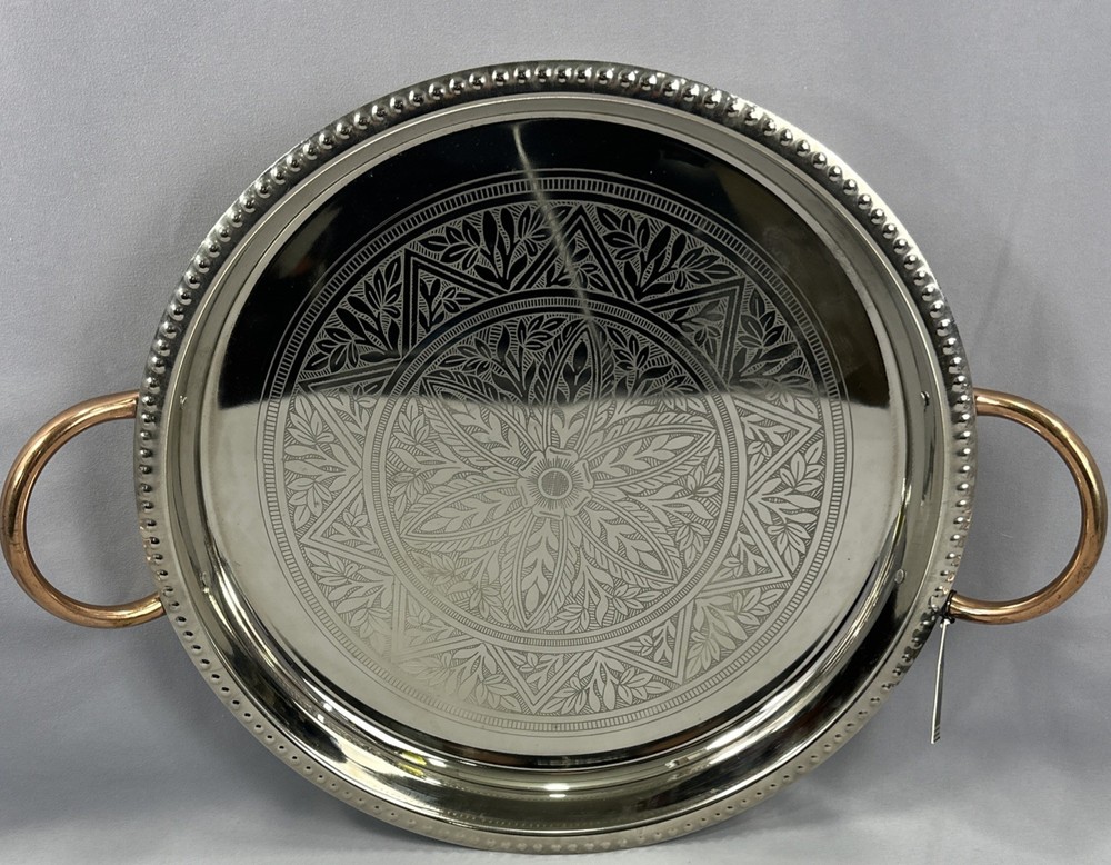 Vintage Large 16.5” Silverplate Silver Round Serving Tray w/Copper Handles India