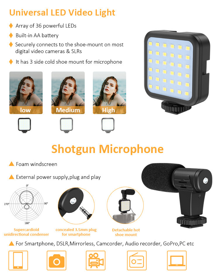 Smartphone Video Vlogging Kit with Tripod+LED Light+Microphone+Remote Control