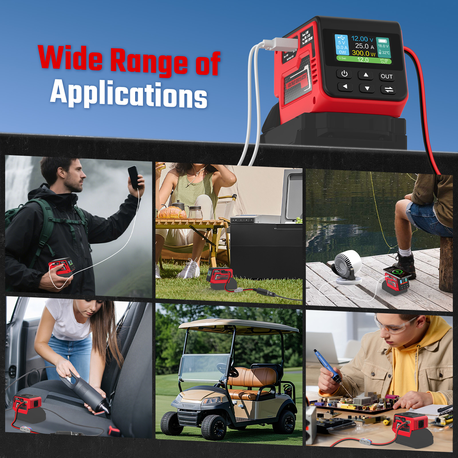 300W Voltage Regulator 2-30V DC Output Compatible with Milwaukee 18V Battery