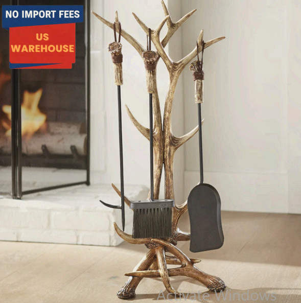 Rustic Antler Fireplace Tool Set Lodge Style 3 Tools w/ Stand 31”