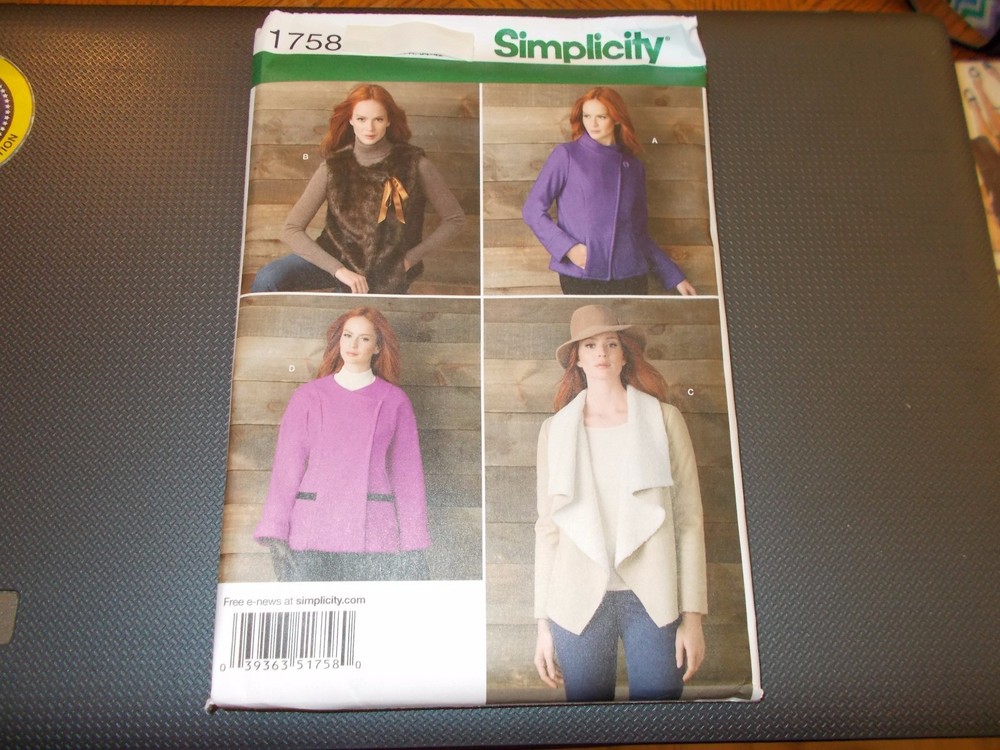 Simplicity Pattern 1758 Ms Jackets & Vest w/Front Opening Variations