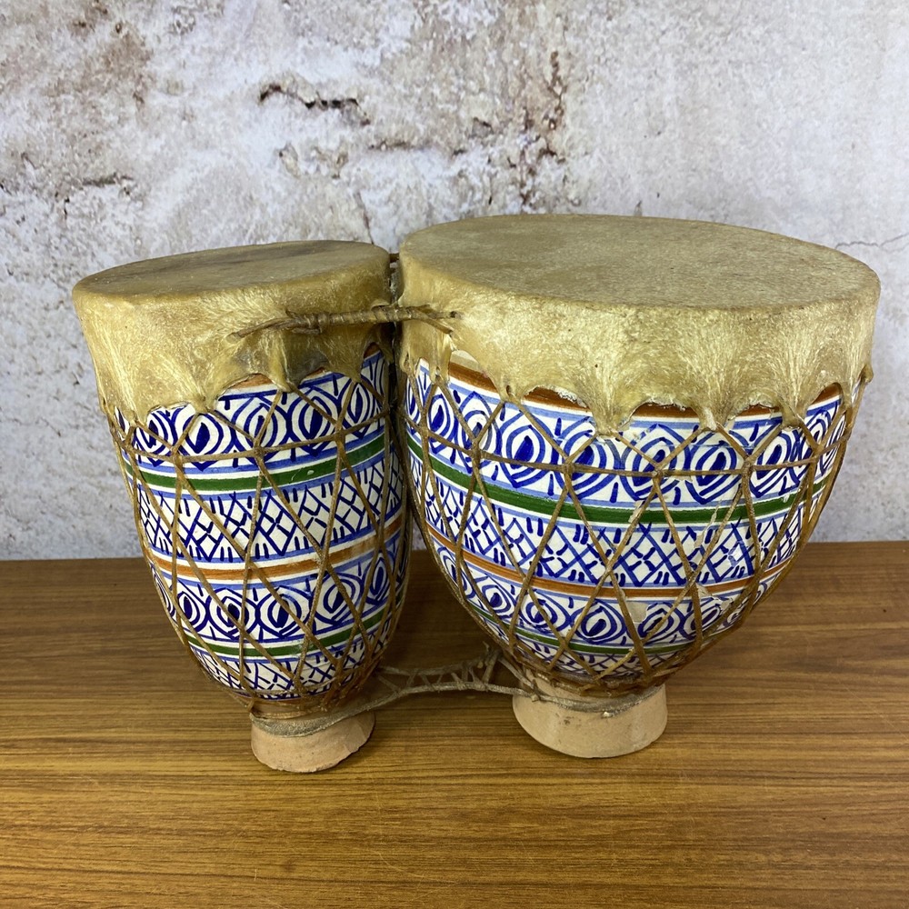 Vint Terracotta Paint Clay & Hide Double Bongo Drum Rustic Primitive Folk Art SH