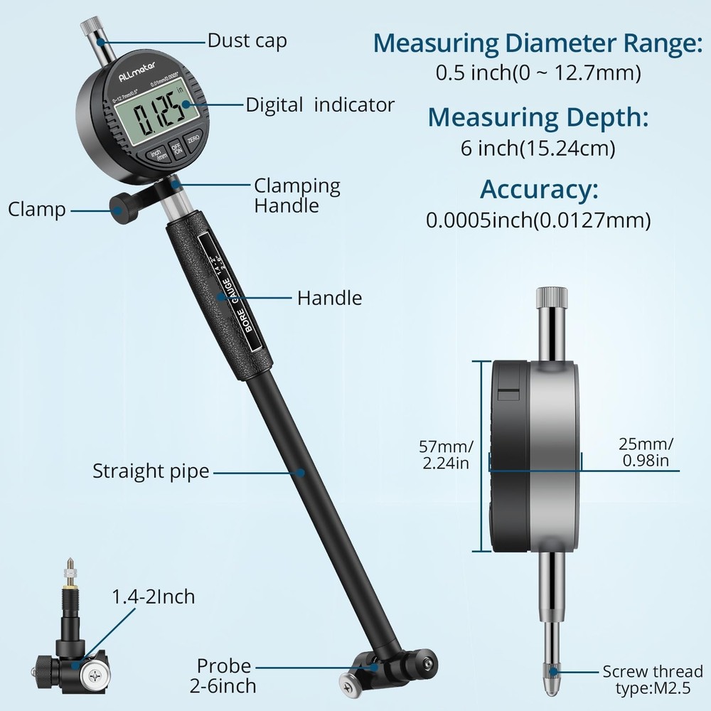 Digital Dial Indicator & Cylinder Bore Gauge Set - 0.01mm Precision,...