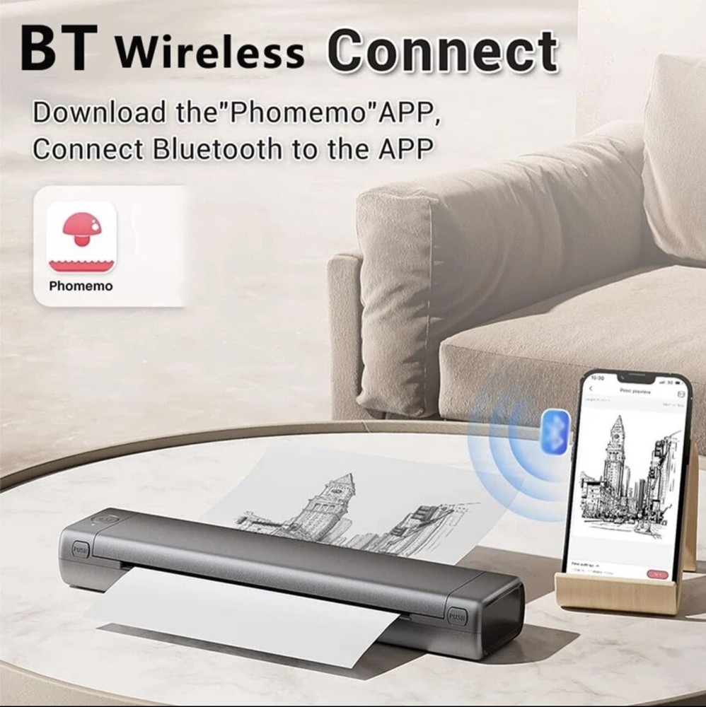 Phomemo M08F Portable Wireless Bluetooth A4 Thermal Printer Inkless -Gray