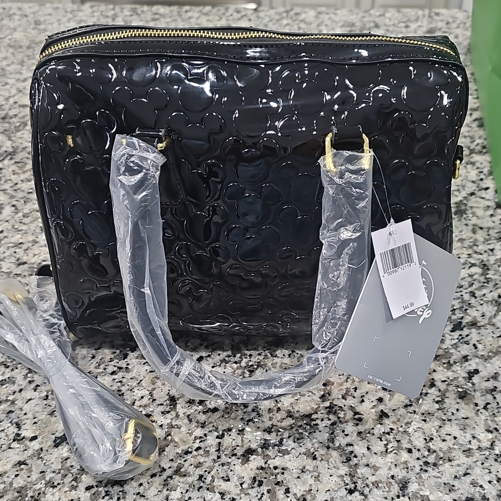 Disney Mickey Mouse Medium Handbag Black Embossed Gold Hardware