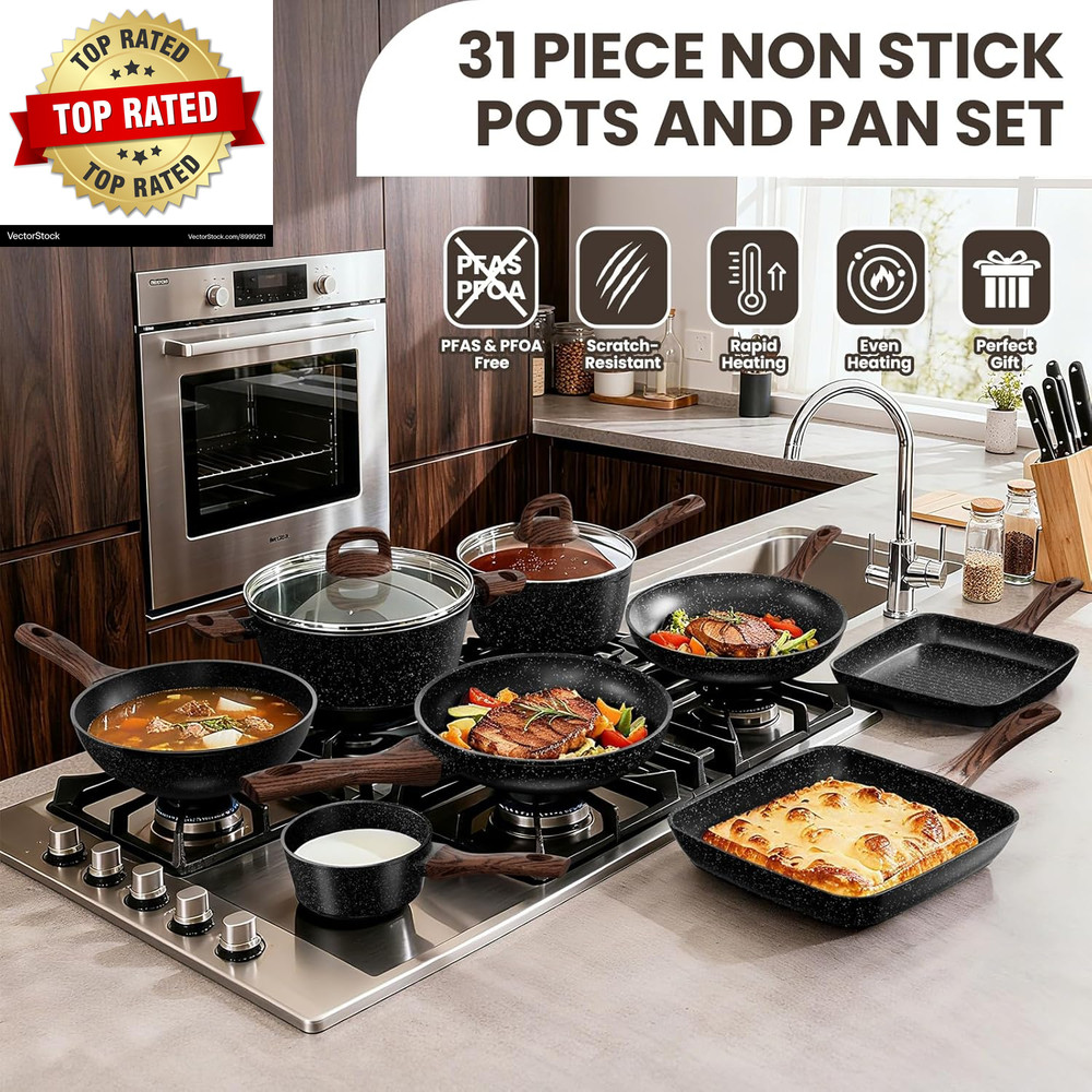 Pots and Pans Set Non Stick, 31 Piece Kitchen Induction Cookware & Bakeware Set