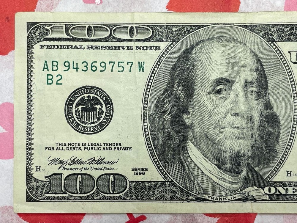 1996 $100 *SERIAL NUMBER INTERIOR FOLD ERROR* Circulated Withrow Rubin
