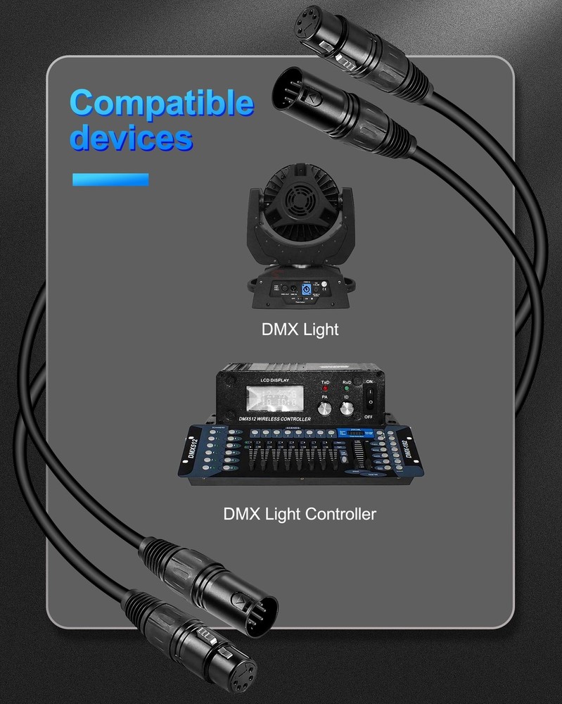 10FT 5 Pin DMX Cable 2 Pack with 3 Conductors for Stage Lighting & Controller