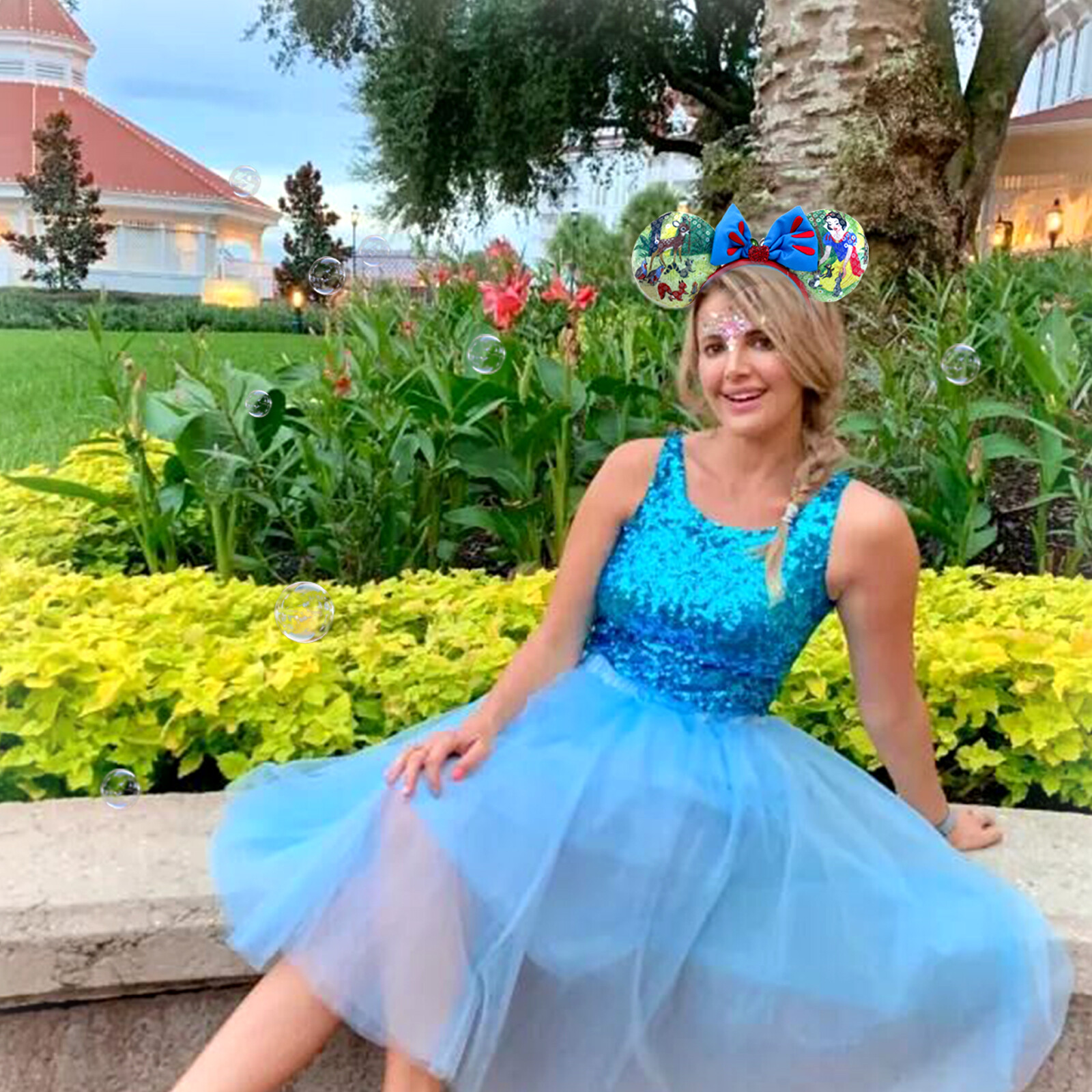 Disney~Parks 100 Decades Snow White Minnie Mouse Ears Blue Bow Apple Headband