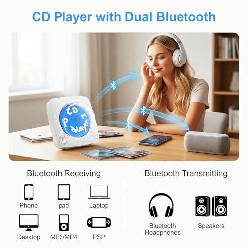 CD Player Portable Bluetooth: Mini CD Player with 1800mAh Battery White