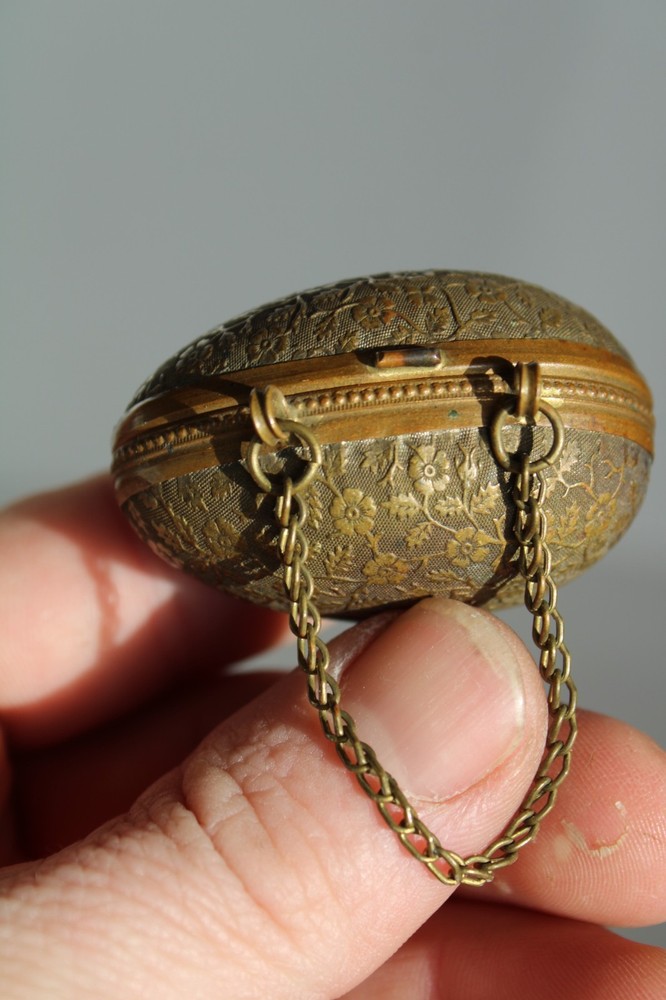 Antique 19th Century Painted Brass Egg Chatelaine Thimble Case w/ (2) Thimbles