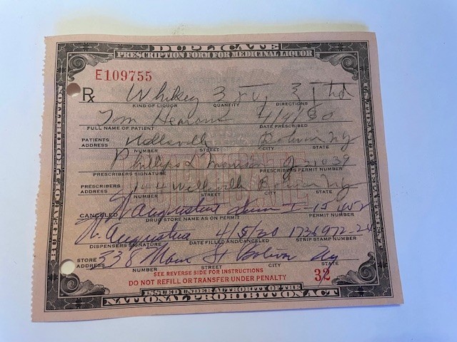Early 1930's Prohibition Prescription for Medicinal Liquor - Quantity 1