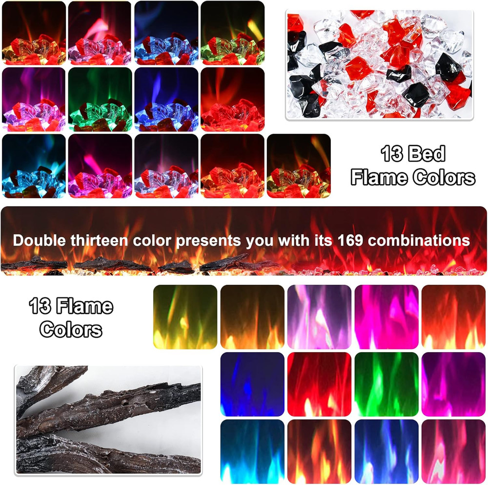 48" Electric Fireplace Insert, Wall Mounted, 13 Color Flames, Remote Control