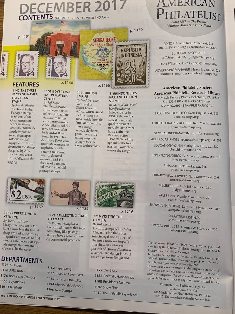 American Philatelist Magazine 2017, December