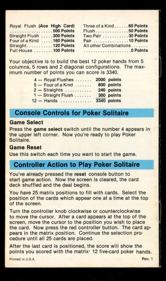 Casino (Atari 2600) *INSTRUCTION MANUAL ONLY*