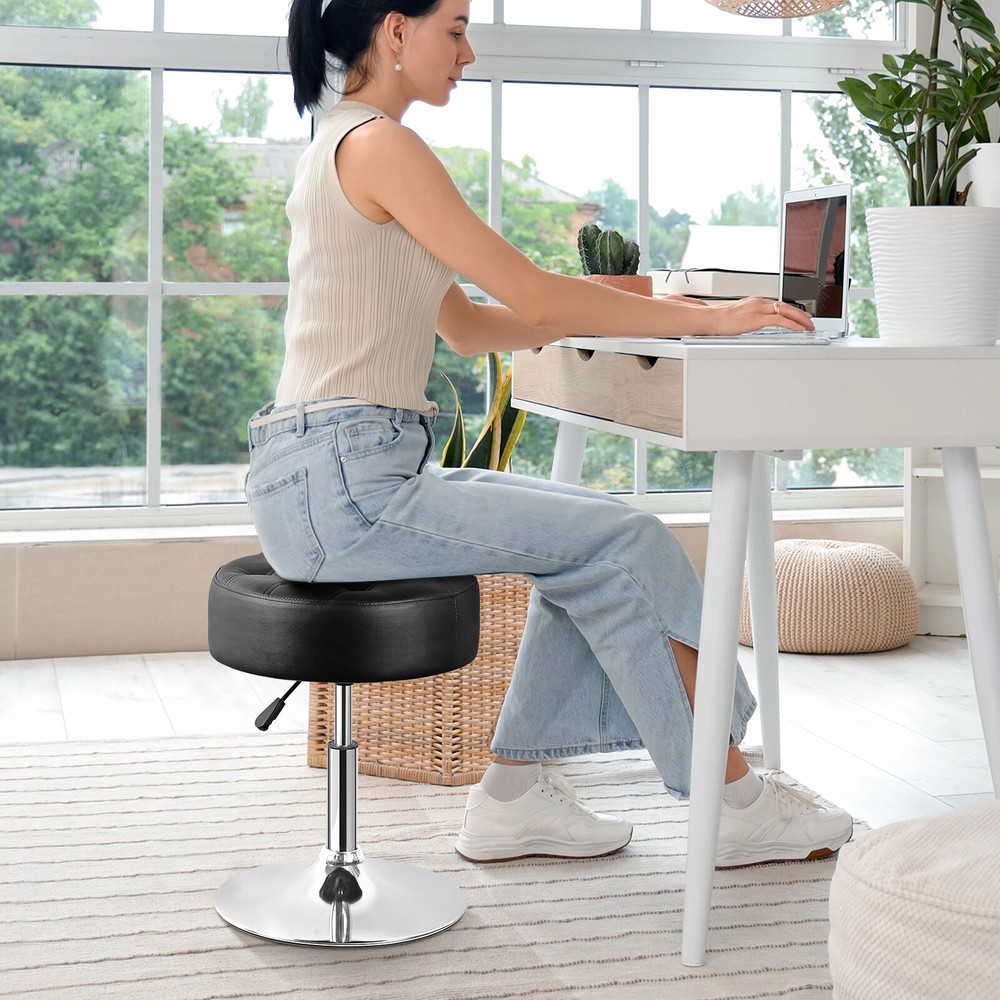 Black Vanity stool for Makeup Room Adjustable Height PU Leather Bar Stool