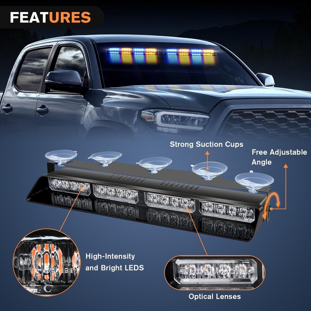 Nilight 32LED Amber Blue Emergency Dash Strobe Lights with Controller Suction...