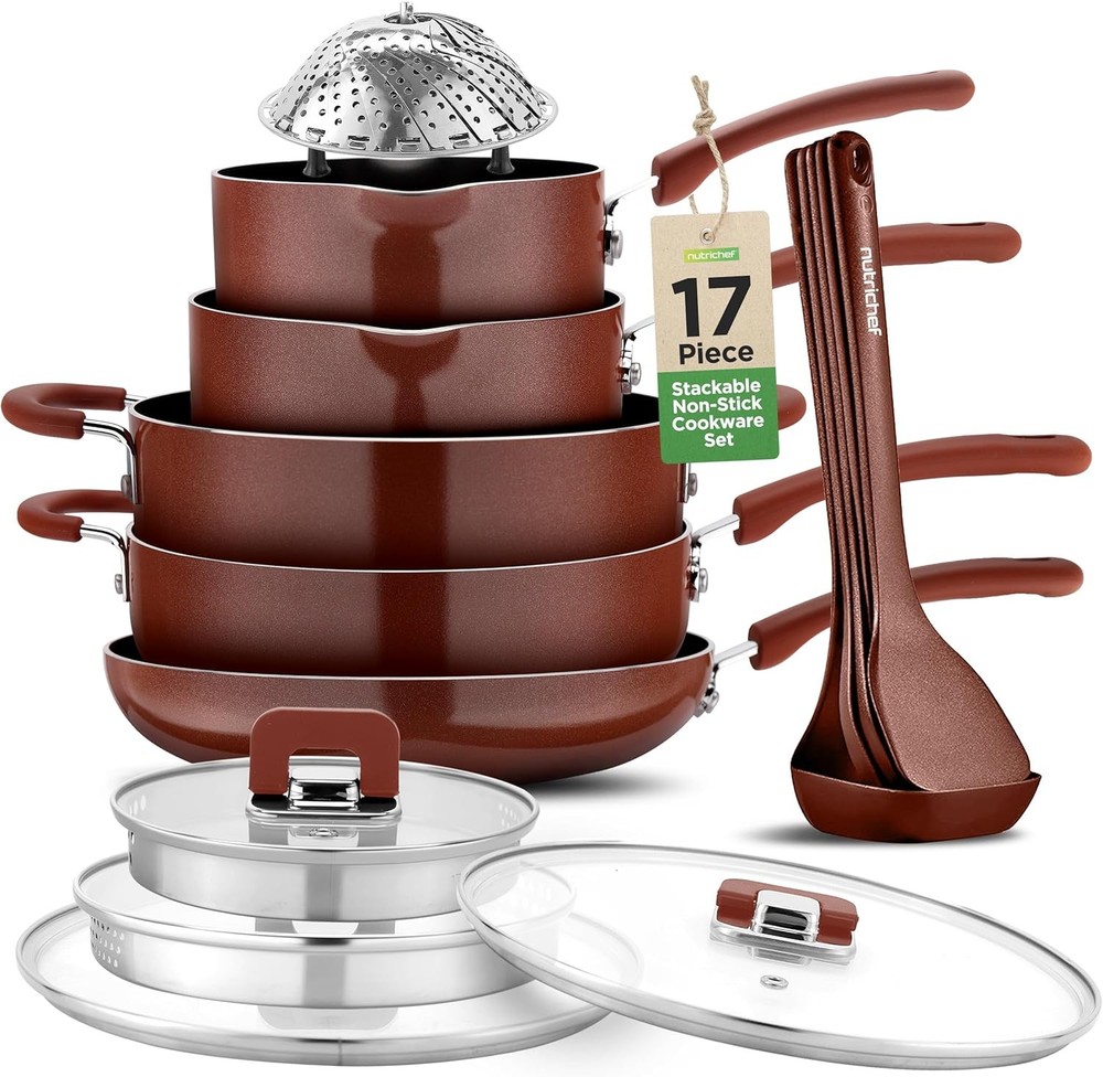 NutriChef 17pcs Brown Stackable Pots and Pans Set, Assorted Sizes,