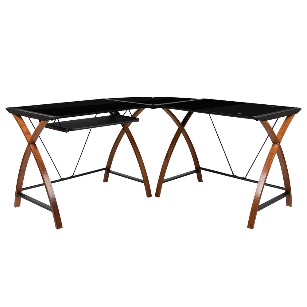 Glass L-Shape Corner Computer Desk With Pull-Out Keyboard Tray