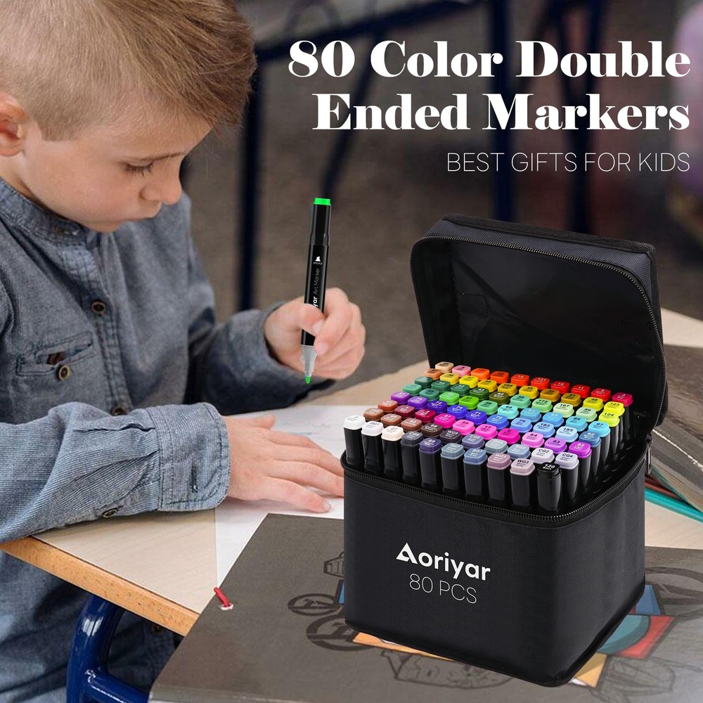 80 Colors Alcohol Based Double Sided Marker Set with Brush Tip and Chisel Tip...