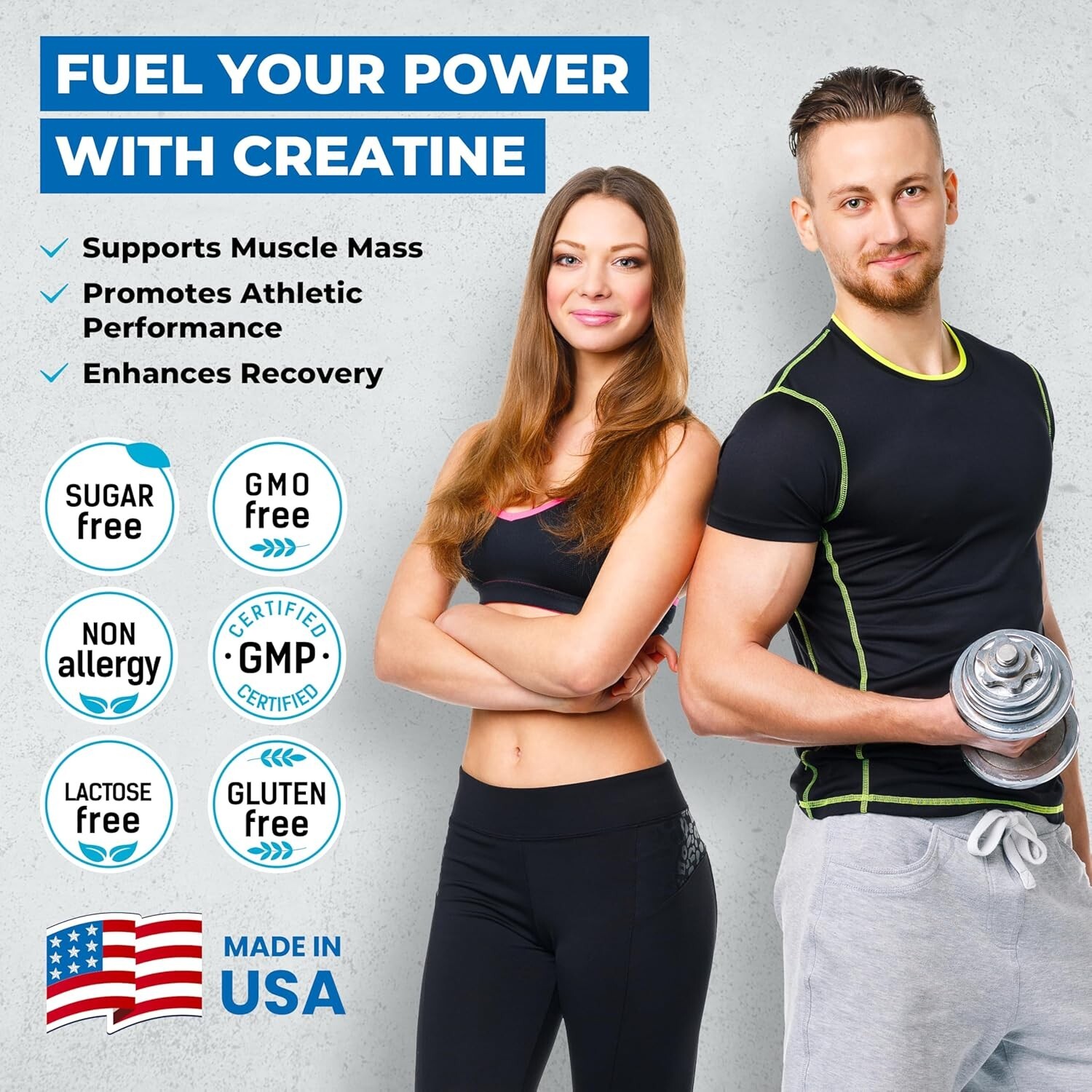 Creatine Monohydrate Powder Muscle Gain 5000mg Per Serv (5g) Made in USA 1.1LB