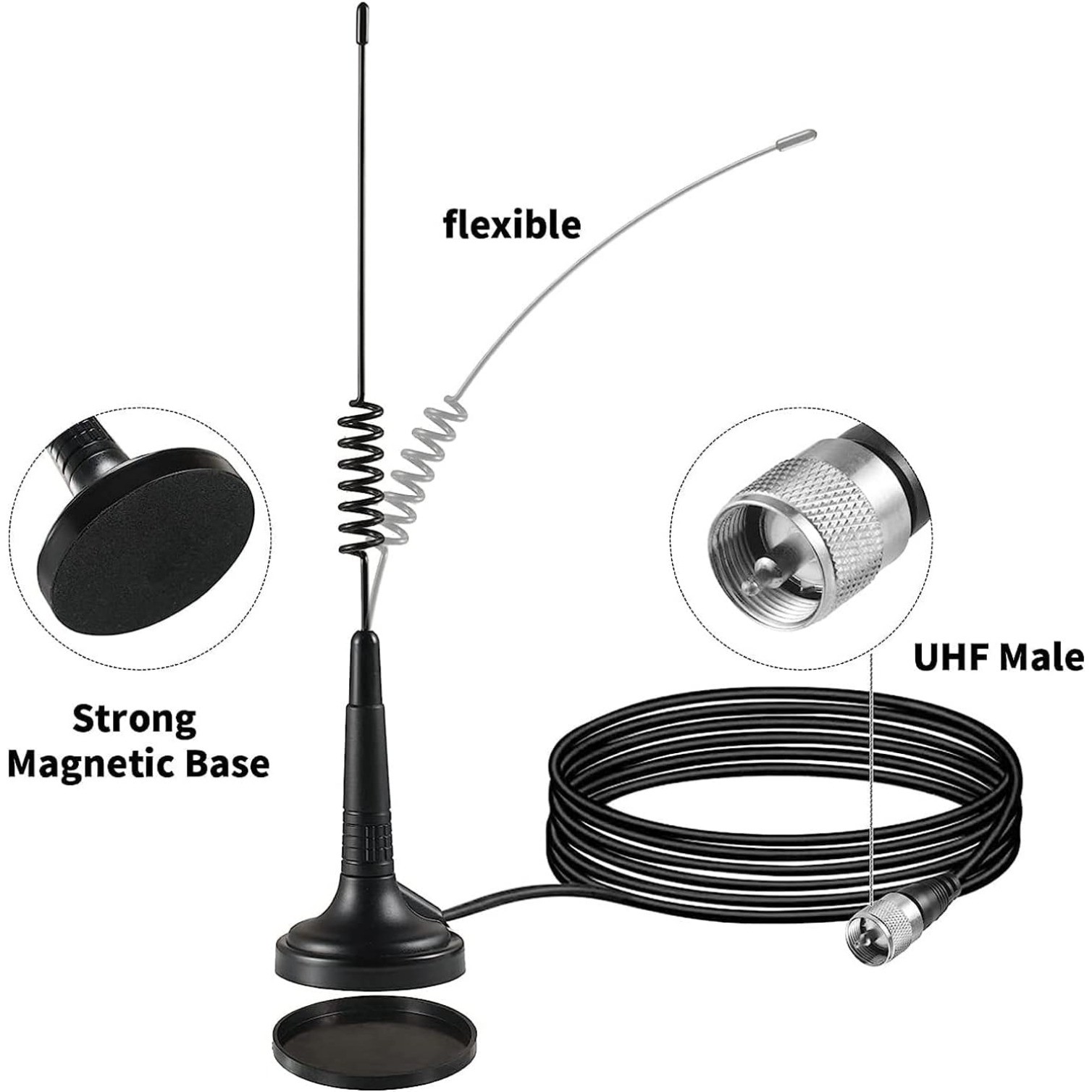 14 Inch CB Radio Antenna - Magnetic Mount, PL259 & BNC