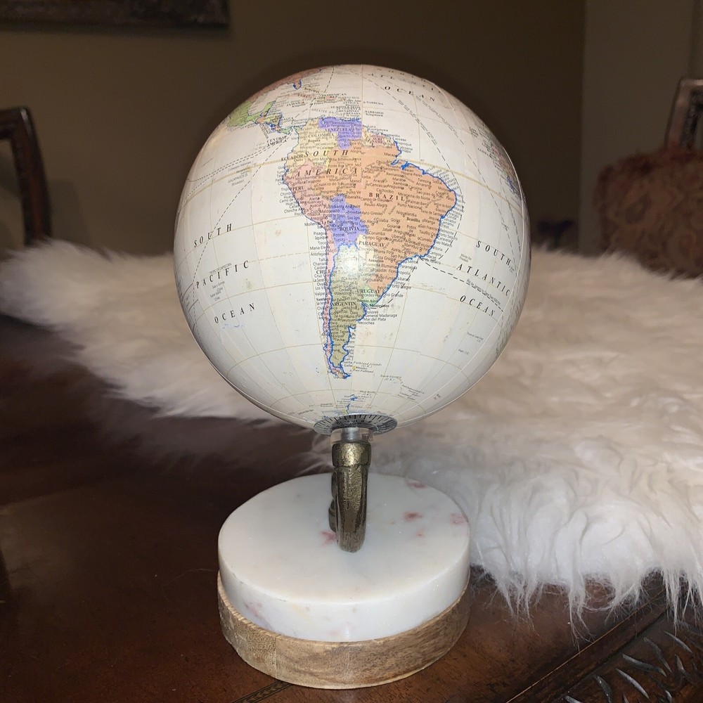 Miniature Decorative Globe Brown Wood Base On Marble