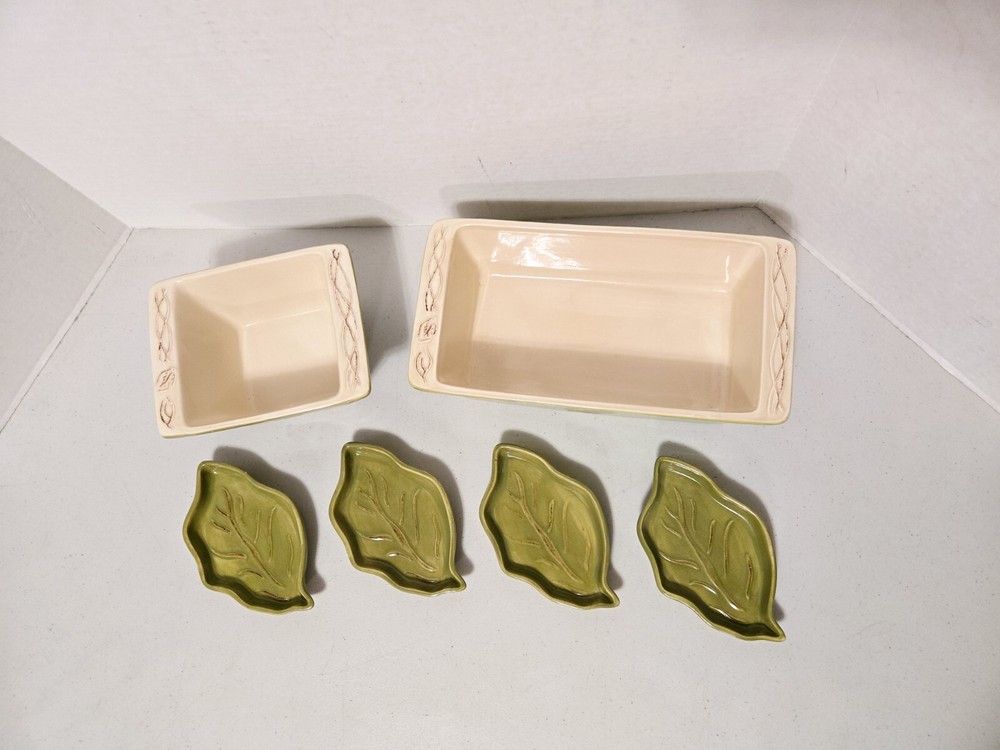 Tastefully Simple Green Leaf Pattern, Square/Oblong Baking Dishes, 4 Dip Trays